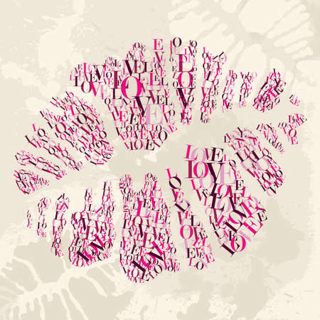 Valentine love text in lipstick print over grunge background  illustration layered for easy manipulation and custom coloring のイラスト素材