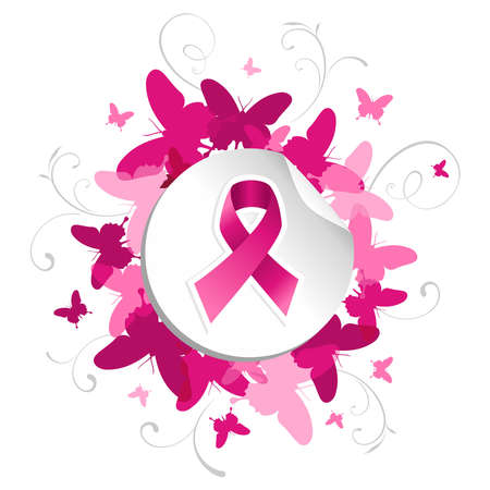 Breast cancer awareness pink ribbon in sticker over spring background. file layered for easy manipulation and custom coloring.のイラスト素材