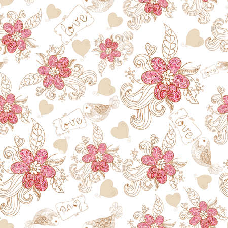 Spring time flowers and love birds seamless pattern. Vector file layered for easy manipulation and custom coloring.のイラスト素材