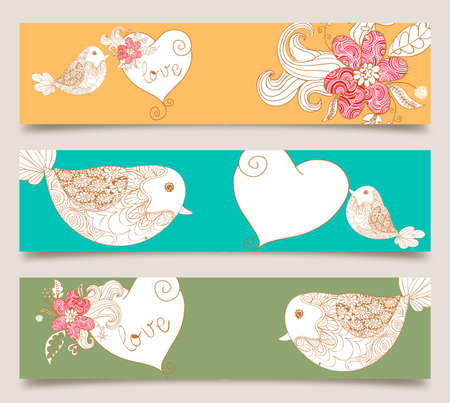 Lovely bird and spring flowers banners set background. Vector illustration layered for easy manipulation and custom coloring.のイラスト素材