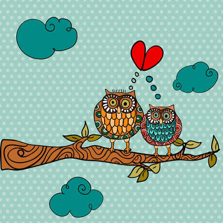Valentine day owl couple in love greeting card background. Vector illustration layered for easy manipulation and custom coloring.のイラスト素材