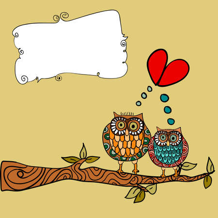 Valentine day lovely owls couple in tree branch greeting card background. Vector illustration layered for easy manipulation and custom coloring.のイラスト素材