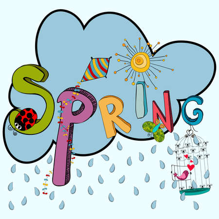 Cloud rain with vibrant spring elements: kite, ladybug, birds, flowers and butterfly. Vector file layered for easy manipulation and custom coloring.のイラスト素材