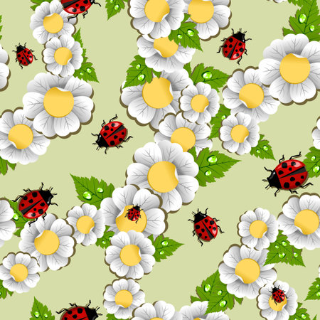 Spring ladybug, flowers, leaves and water drop seamless pattern. Vector file layered for easy manipulation and custom coloring.のイラスト素材