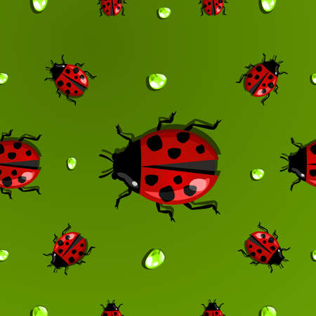 Spring beetle and water drop seamless pattern. Vector file layered for easy manipulation and custom coloring.のイラスト素材