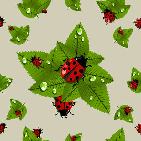 Lucky spring leaves and ladybird seamless pattern. Vector file layered for easy manipulation and custom coloring.のイラスト素材