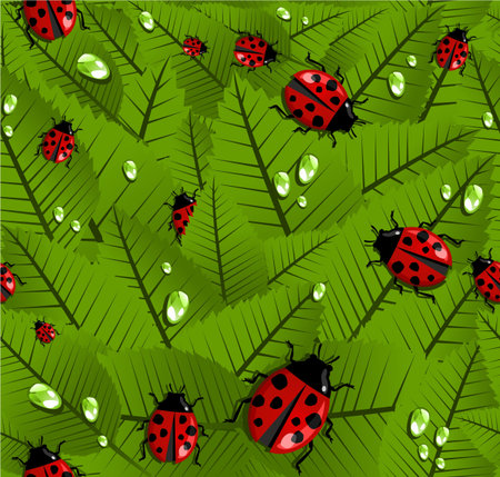 Spring leaves and beetle seamless pattern. Vector file layered for easy manipulation and custom coloring.のイラスト素材