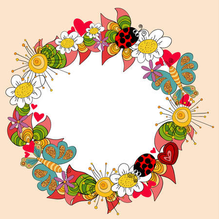 Vibrant colors spring composition with flowers, leaves, butterfly and beetle. Vector file layered for easy manipulation and custom coloring.のイラスト素材