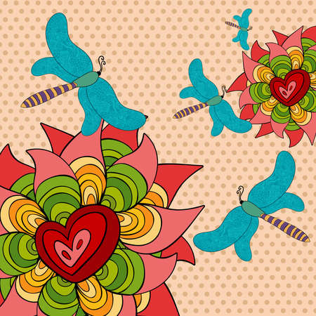 Vibrant spring butterfly and flowers background. Vector file layered for easy manipulation and custom coloring.のイラスト素材