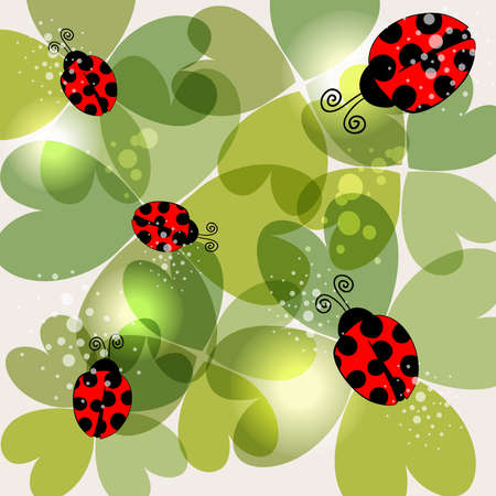 Spring time transparent clovers and beetles background. This illustration contains transparencies and is layered for easy manipulation and customization.のイラスト素材