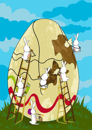 Decorative Easter egg under construction by bunnies teamwork. illustration layered for easy manipulation and custom coloring.のイラスト素材
