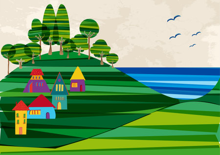 Multicolored transparent banded town near the shore. This illustration contains transparencies and...