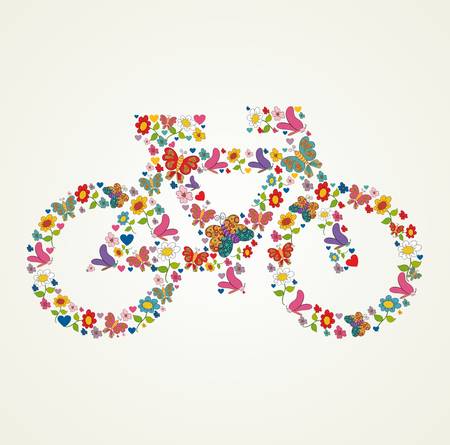 Spring flower and butterfly icons texture in icon green bike shape composition background. illustration layered for easy manipulation and custom coloring.のイラスト素材