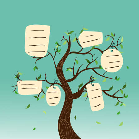 Family concept tree with hanging labels leaves. Vector file layered for easy manipulation and custom coloring.のイラスト素材