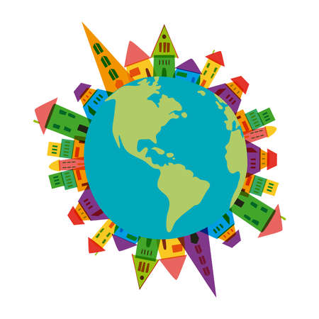 Colorful tree city buildings concept over the world over white background. Vector file layered for easy manipulation and custom coloring.のイラスト素材