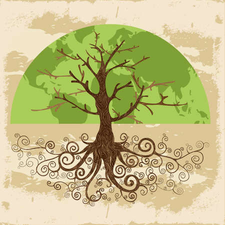 Tree globe map concept with curly roots . Vector file layered for easy manipulation and custom coloring.のイラスト素材
