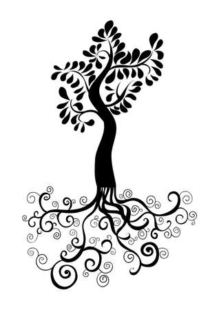 Curly tree with roots and foliage silhouette. Vector file layered for easy manipulation and custom coloring.のイラスト素材