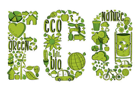 Word eco with environmental hand drawn icons in green. This illustration is layered for easy manipulation and custom coloringのイラスト素材
