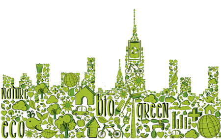 City silhouette with environmental hand drawn icons in green. This illustration is layered for easy manipulation and custom coloringのイラスト素材