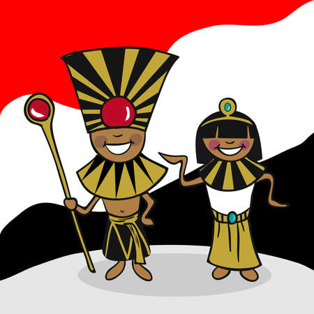 Egyptian man and woman cartoon couple with national flag background. Vector illustration layered for easy editing.のイラスト素材