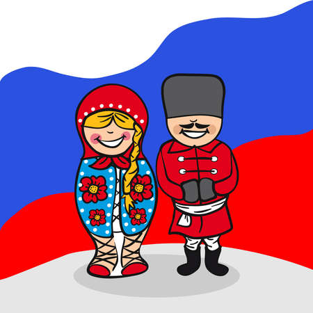 Russian man and woman cartoon couple with national flag background. Vector illustration layered for easy editing.のイラスト素材