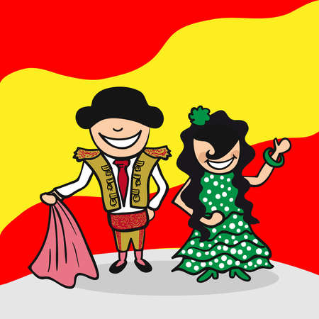 Spanish man and woman cartoon couple with national flag background. Vector illustration layered for easy editing.のイラスト素材