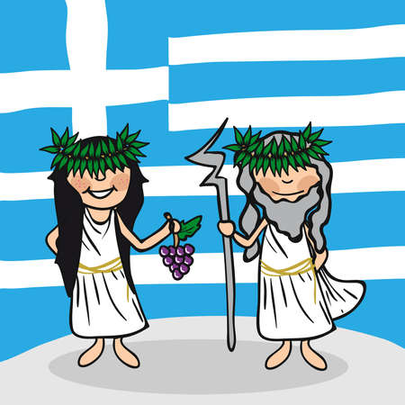Greek man and woman cartoon couple with national flag background. Vector illustration layered for easy editing.のイラスト素材