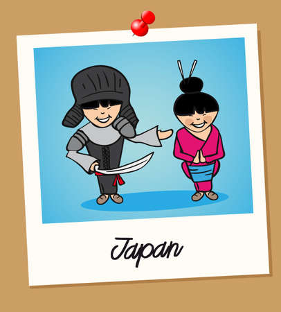 Japanese man and woman cartoon couple in vintage instant photo frame. Vector illustration layered for easy editing.のイラスト素材