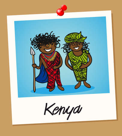 Kenyan man and woman cartoon couple in vintage instant photo frame. Vector illustration layered for easy editing.のイラスト素材
