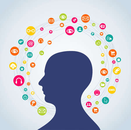 Social media networks profile man with interactive icon set circle. Vector illustration layered for easy manipulation and custom coloring.のイラスト素材
