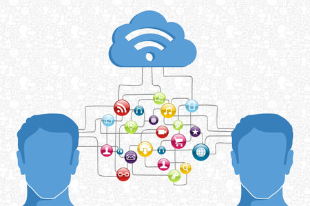Cloud computing network men interaction diagram. Vector illustration layered for easy manipulation...