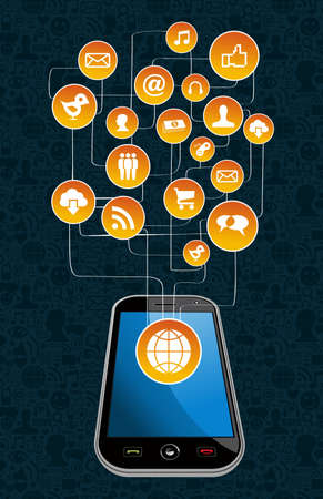 Social media network with icon set diagram and smartphone. Vector illustration layered for easy manipulation and custom coloring.のイラスト素材