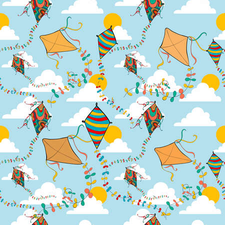 Vibrant colors spring flying kite seamless pattern. Vector file layered for easy manipulation and custom coloring.のイラスト素材