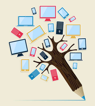 Technology smart devices concept pencil tree. Vector illustration layered for easy manipulation and custom coloring.のイラスト素材