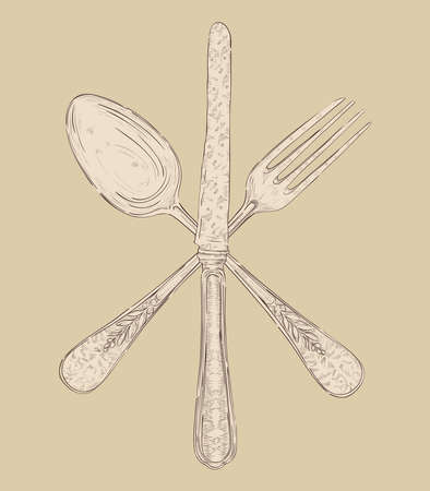Hand drawn silverware set Fork, knife and spoon.  file layered for easy manipulation and custom coloringのイラスト素材