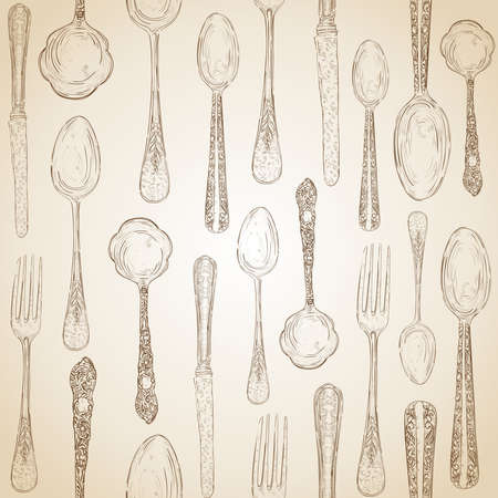 Hand drawn silverware icons seamless pattern background.  file layered for easy manipulation and custom coloring.のイラスト素材