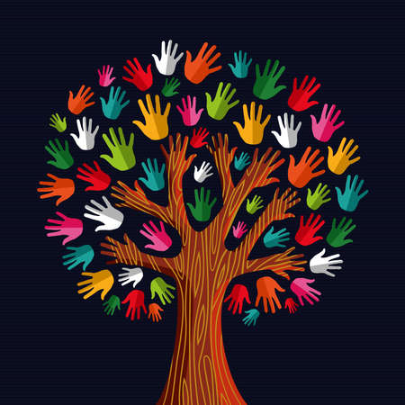 Colorful diversity tree hands illustration.illustration layered for easy manipulation and custom coloring.のイラスト素材