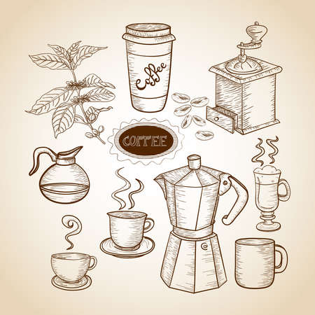 Vintage coffee jar, mug, machine and grinder illustration. のイラスト素材