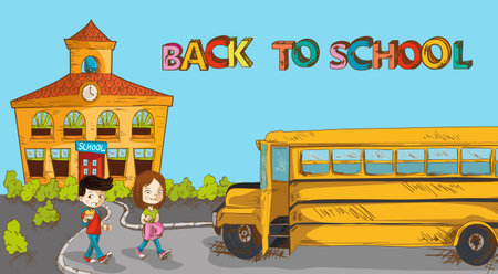 Education back to school colorful building, school bus and a couple of kids cartoon illustration. 