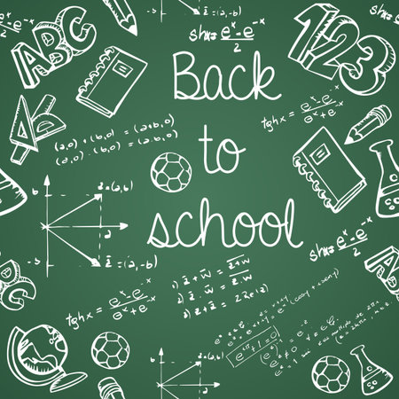 Back to School education icons green chalkboard seamless pattern background. のイラスト素材