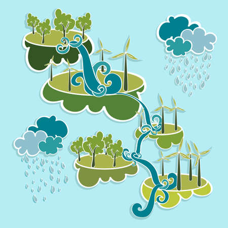 Renewable resources green, trees, clouds, rain, wind turbines and curly waterfall illustration. Vector layered for easy editing.のイラスト素材