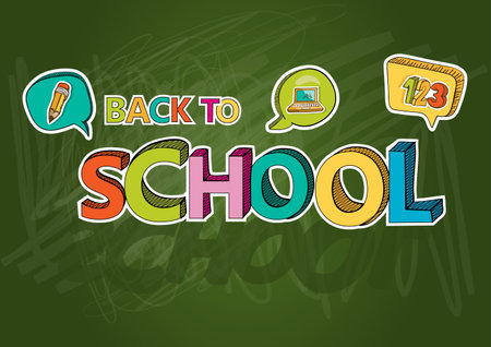 Education icons green chalkboard back to school text with social media bubbles illustration. EPS10 vector file includes transparency for easy editing.のイラスト素材