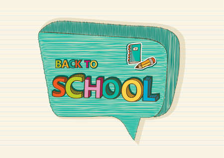 Colorful back to school text, social media speech bubble education icons inside, cartoon illustration. のイラスト素材