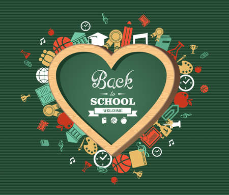 Welcome back to school heart shaped chalkboard green background colorful icons illustration. のイラスト素材