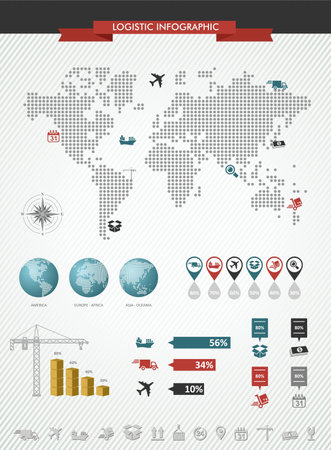 Global logistics infographic illustration. World map with information graphics elements about shipping and worldwide goods trading. Vector file in layers for easy editing.のイラスト素材