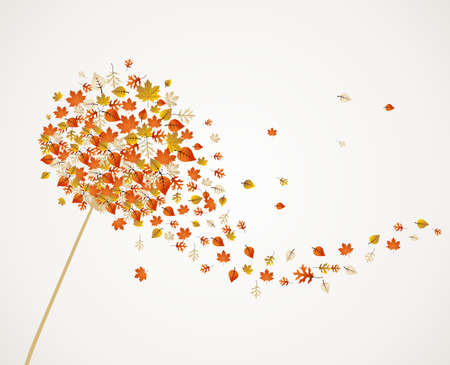 Abstract autumn concept. Dandelion with flying leaves and flower petals backgroundのイラスト素材