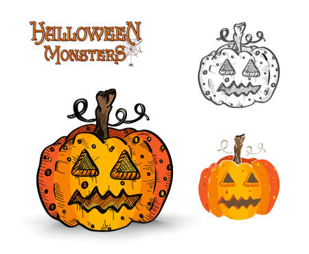 Halloween Monsters spooky pumpkin lanterns setのイラスト素材