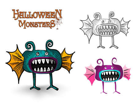 Halloween Monsters spooky creatures set illustrationのイラスト素材