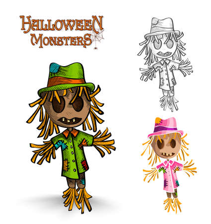 Halloween monster spooky scarecrows setのイラスト素材