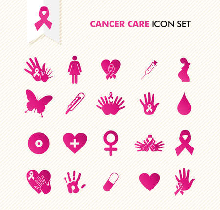 Breast cancer awareness ribbon symbol and health care elements icons setのイラスト素材